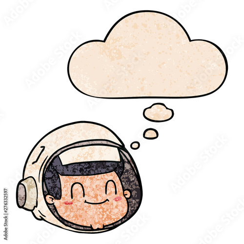 cartoon astronaut face and thought bubble in grunge texture pattern style