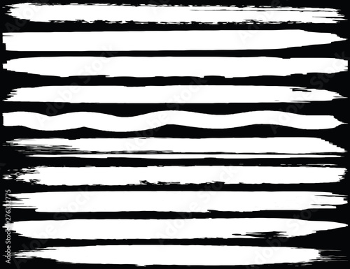Collection of brush strokes grunge style. Abstract traces from the rollers. White stripes on a black background. Vector abstract elements.