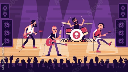 Popular rock band performs a song on stage. Concert rock stars. Vector flat illustration.