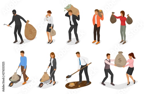 People money vector wealth businessman woman person character holding bag with coins cash currency illustration banking set of business financial investment treasure isolated on white background