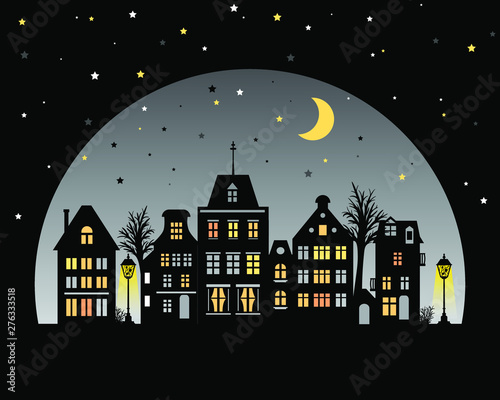 Night city skyline. View of Amsterdam houses. Stylized facades of buildings in old European style. Silhouette at twilight. Urban landscape. Flat vector illustration with typical dutch fashion.