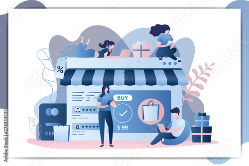 Online shop, e-commerce concept background,Different people buyers with smart gadgets