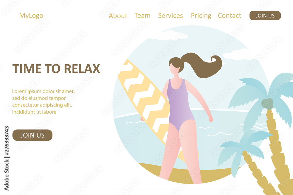 tropical background with female charater, palm tree and ocean.Web Landing page template