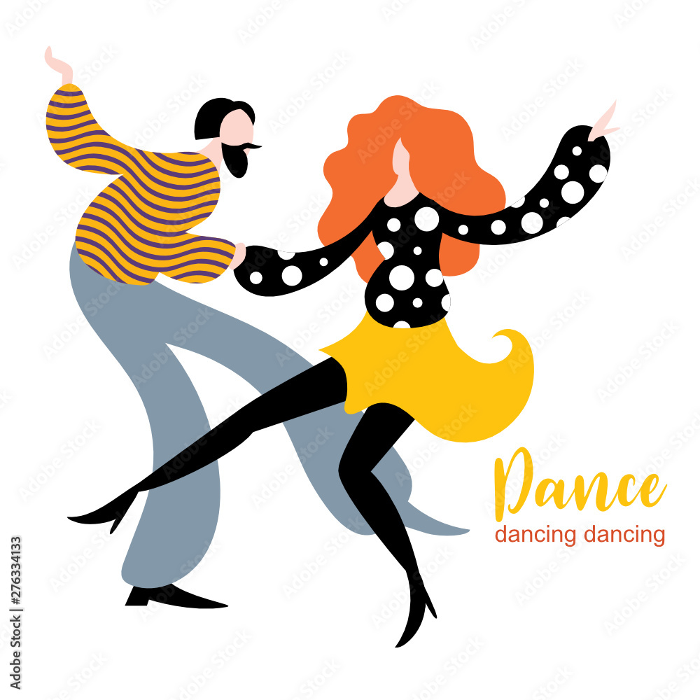 Fototapeta premium Stylized figures of dancing woman and man, funny dancers, illustration in flat style design