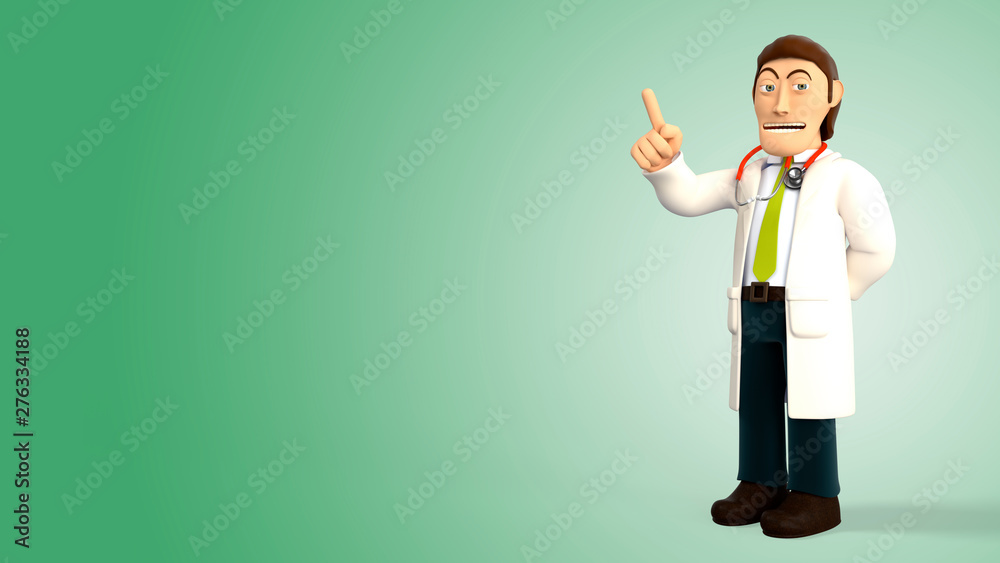 Cartoon 3d doctor with a stethoscope smiling and pointing his right index finger up on a green gradient background 3d rendering