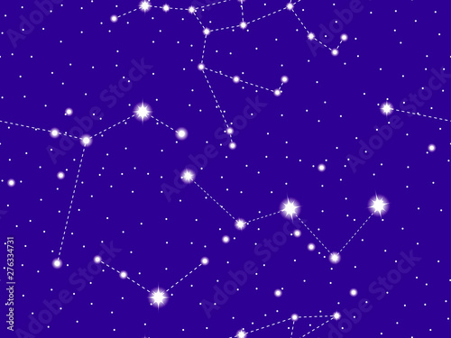 Seamless pattern starry sky with the constellations of Ursa Major, Canes Venatici and Columba. Cluster of stars and galaxies. Deep space. Vector illustration