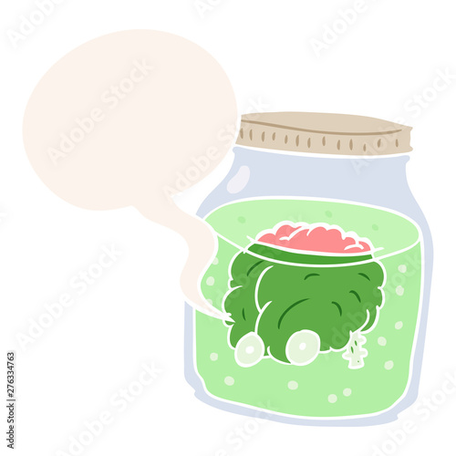 cartoon spooky brain floating in jar and speech bubble in retro style