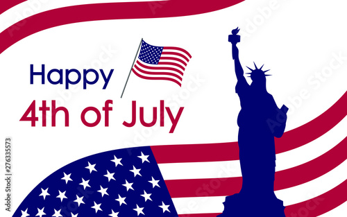Happy 4th of July. USA Independence Day celebration background with american flag, text, statue of liberty. For posters, greetings, banners, promotions, backgrounds.