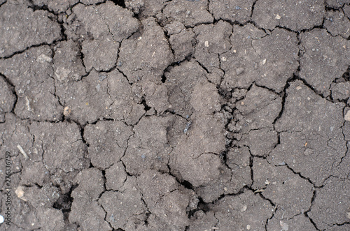 Drought, earth cracks, natural disasters. Pattern of broken soil due to sunlight due to the global warming