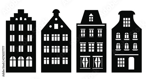 Set of Amsterdam style houses. Laser cut silhouette. Stylized facades of buildings in old European view. Wood carving vector template. Dutch urban landscape in black and white.