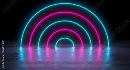 Fototapeta Naklejka Na Ścianę i Meble -  Sci-Fi Futuristic Blue Pink Neon Glowing Circle Round Shape Tubes On Reflection. 3D Rendering Illustration