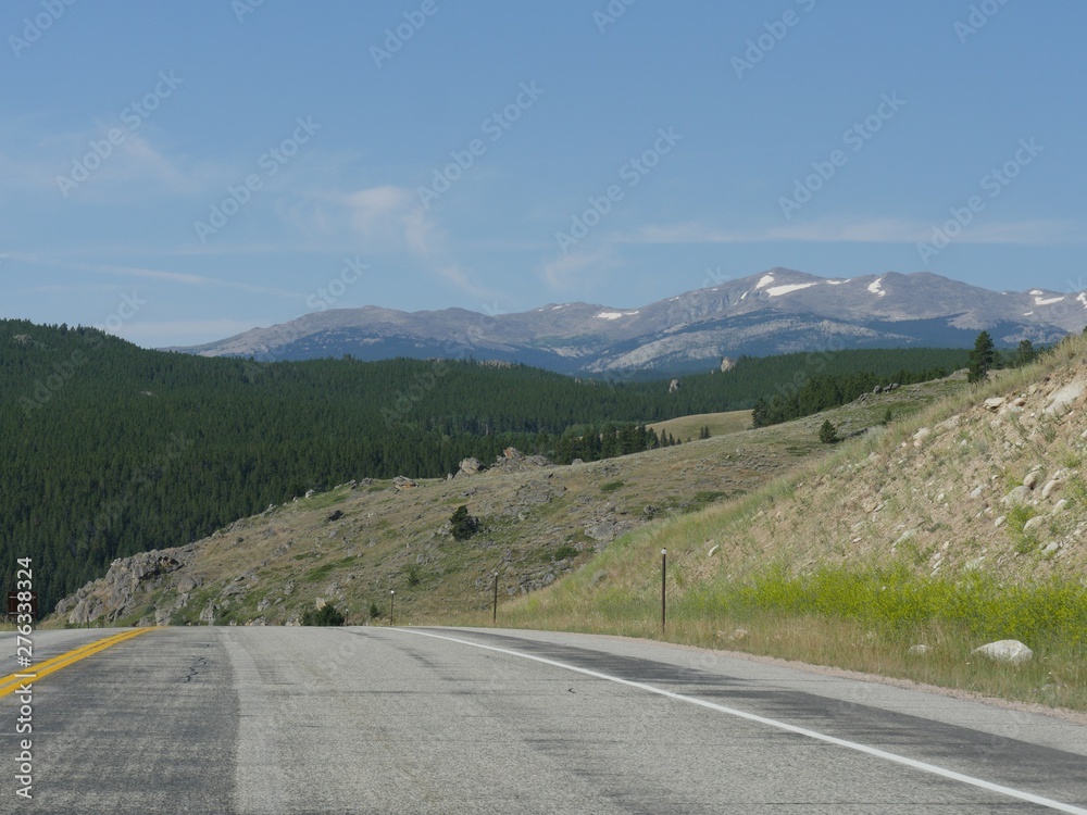 Scenic nature view from Highway 16 at Bighorn National Forest which covers over a million acres in Wyoming.