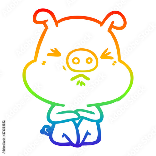 rainbow gradient line drawing cartoon angry pig sat waiting