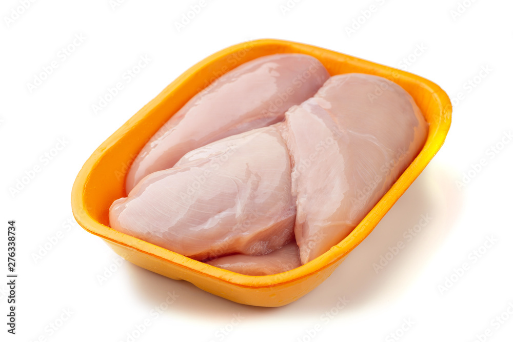 Raw chicken fillet package isolated on white background.