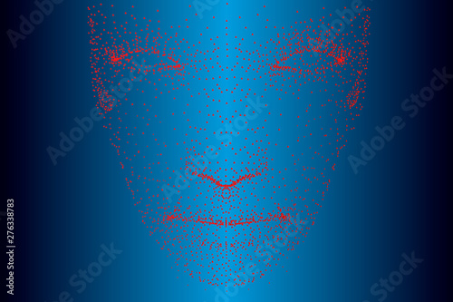 Projection of the face of a person consisting of red dots. Front view. Vector illustration