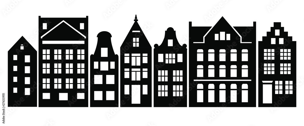 Set of Amsterdam style houses. Laser cut silhouette. Stylized facades of dutch buildings in old European fashion. Wood carving vector template. Urban landscape in black and white. Paper cut, die cut.