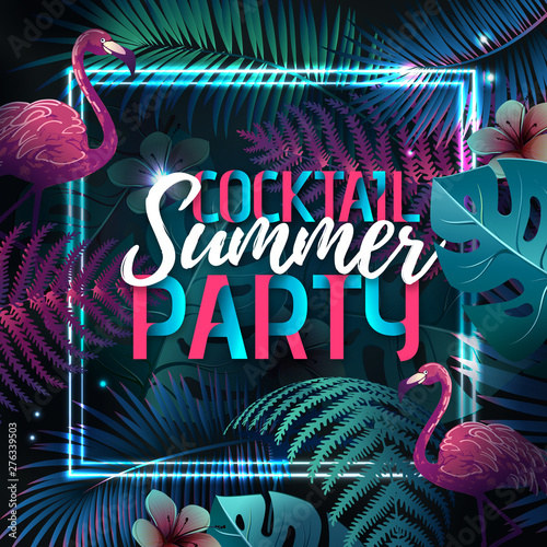 Summer cocktail party typography poster with flamingo and fluorescent tropic leaves. Nature concept