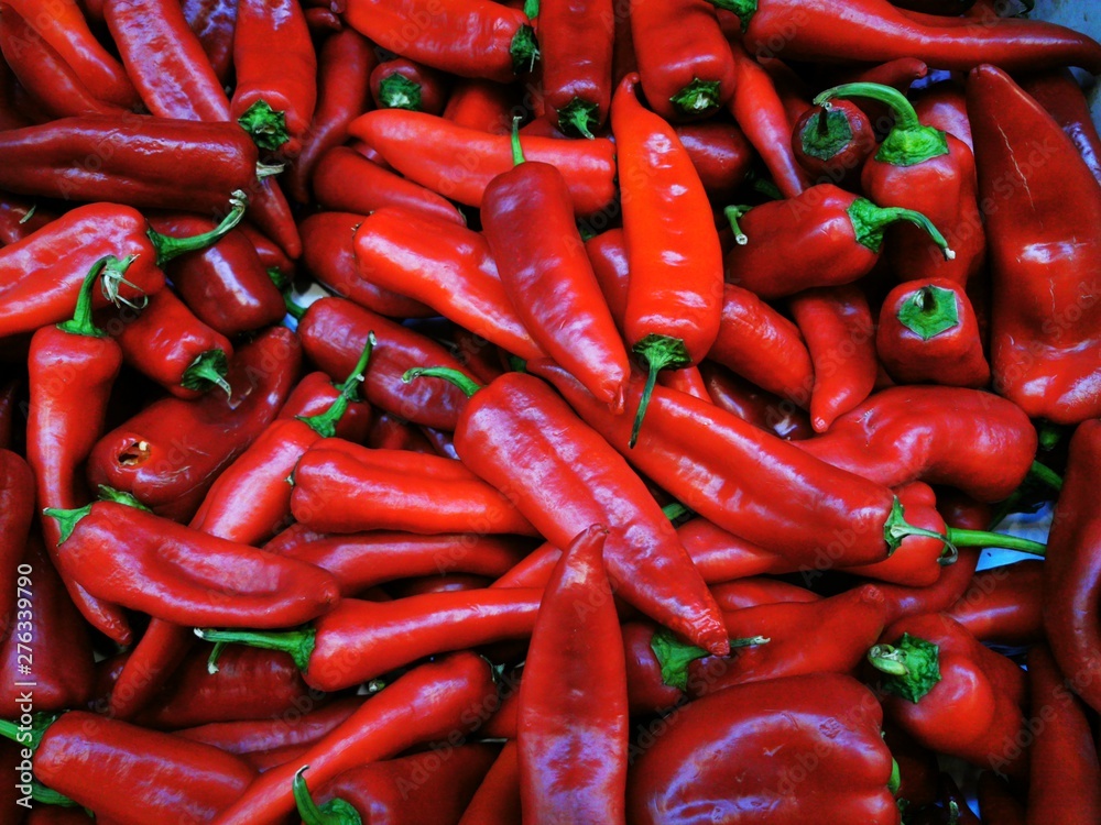 red chilly peppers top view on the supermarket store