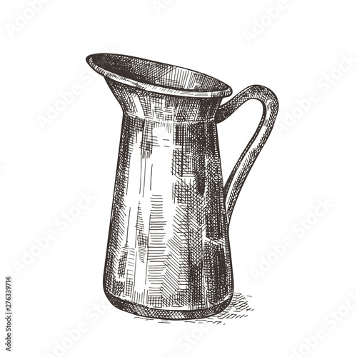 Milk jug. Vector image. Sketch graphics. Illustration in retro style.