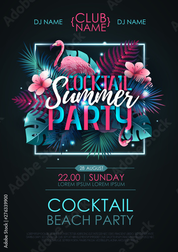 Summer cocktail disco party typography poster with flamingo and fluorescent tropic leaves. Nature concept