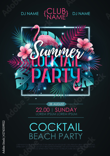 Summer cocktail disco party typography poster with flamingo and fluorescent tropic leaves. Nature concept