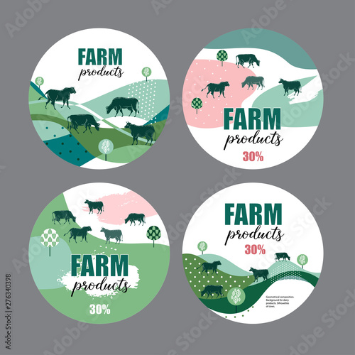 Cows graze in the meadow. Round background for design of agricultural products. Geometrical composition.