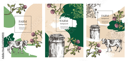 Sample cover for agricultural brochure. Milk can, cow and meadow flowers. Templates for dairy farm. Backgrounds for flyers, banners, posters.