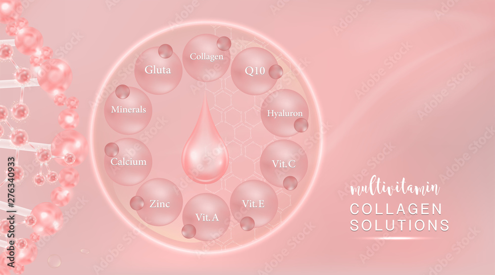 Hyaluronic acid plus multivitamins and mineral skin solutions ad, pink collagen serum drop with cosmetic advertising background ready to use, illustration vector. Hyaluronic acid plus multivitamins and mineral skin solutions ad, pink collagen serum drop with cosmetic advertising background ready to use, illustration vector.