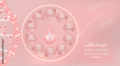 Hyaluronic acid plus multivitamins and mineral skin solutions ad, pink collagen serum drop with cosmetic advertising background ready to use, illustration vector.