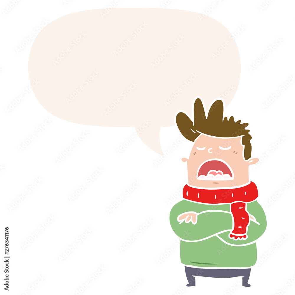 cartoon obnoxious man in winter clothes and speech bubble in retro style cartoon obnoxious man in winter clothes and speech bubble in retro style