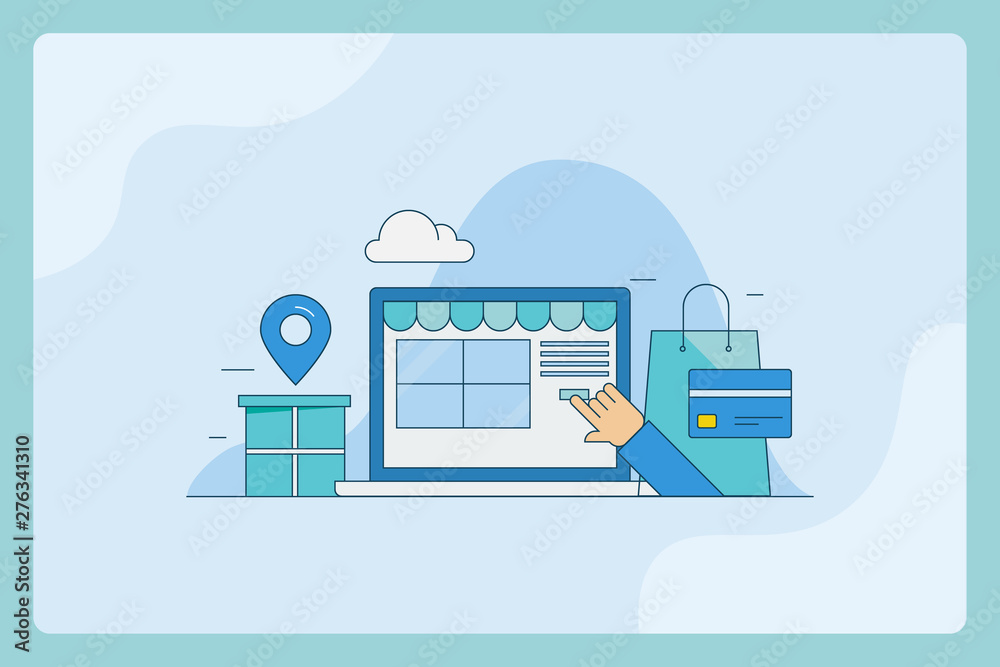 Ecommerce, online shopping, product delivery, secure payment, digital marketing, hand clicking on estore, web banner. Ecommerce, online shopping, product delivery, secure payment, digital marketing, hand clicking on estore, web banner.