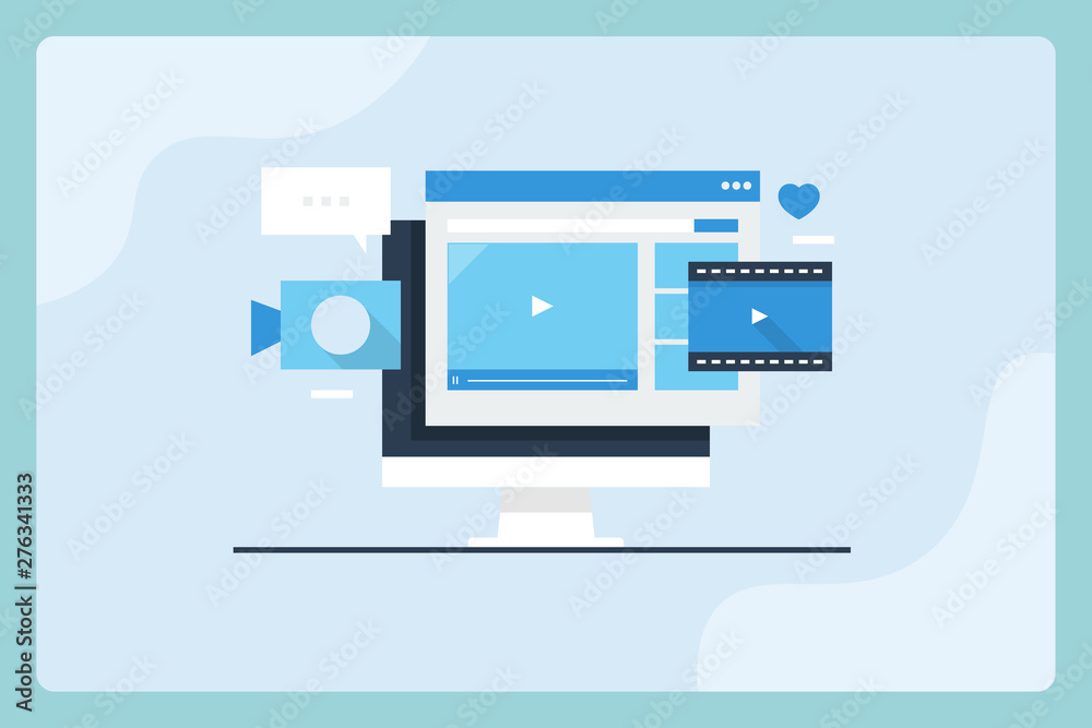 Flat design illustration concept of video marketing, social network communication, online webinar, audience engagement concept. Vector web banner with blue background.