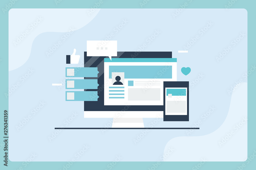 Flat design social media illustration with icons. Digital content marketing concept.