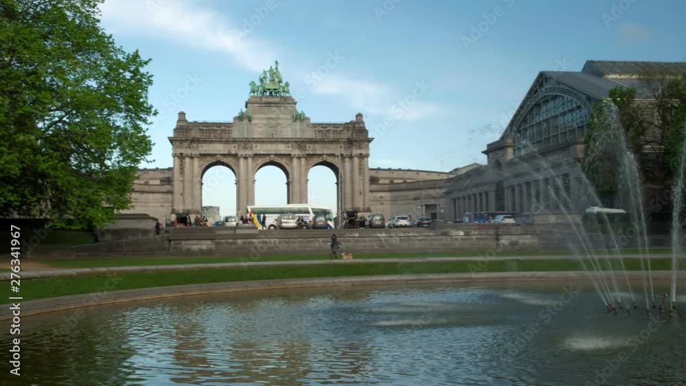 Pan across fountain in Jubilee Park with Triumphal Arch Brussels Pan across fountain in Jubilee Park with Triumphal Arch Brussels