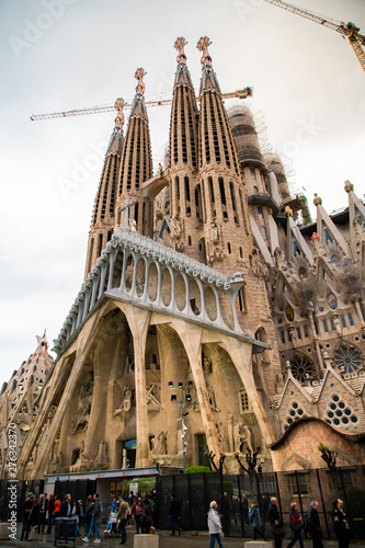 BARCELONA, Spain - April, 2019: The Nativity Facade of the Sagrada Familia, the most iconic landmark designed by Antoni Gaudi in Barcelona, Catalonia, Spain