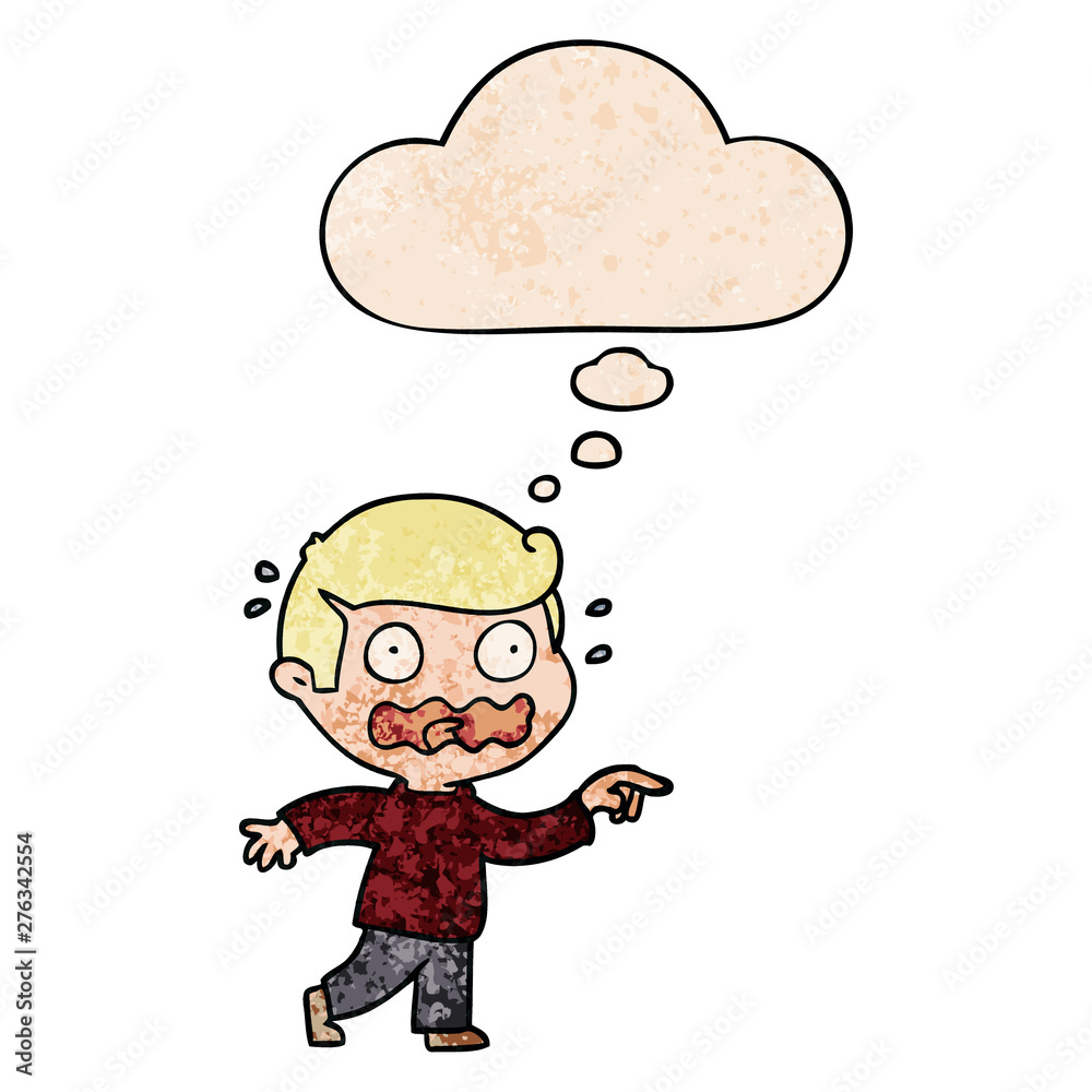 cartoon stressed out pointing and thought bubble in grunge texture pattern style cartoon stressed out pointing and thought bubble in grunge texture pattern style