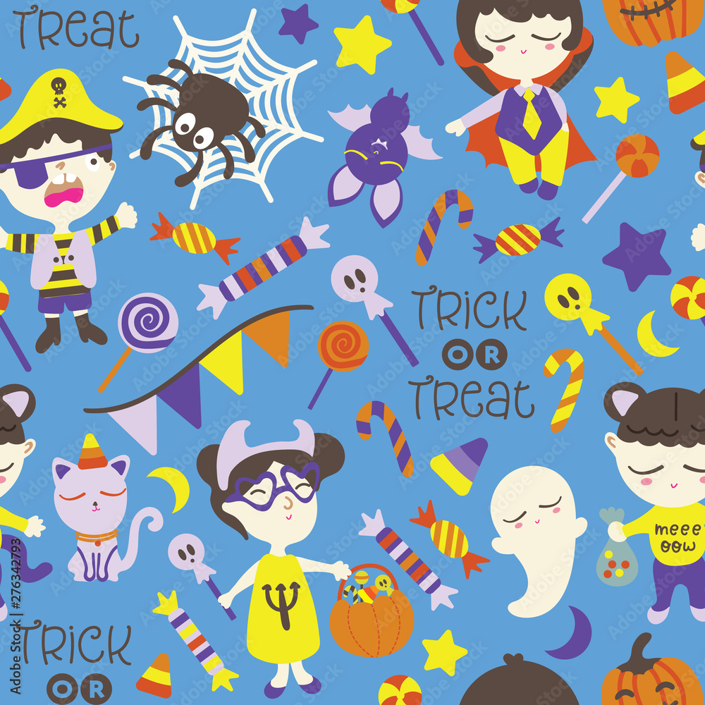 Seamless pattern with children in halloween costume. Cute boys and girls with party decoration, bat, cat, ghost, flag/ bunting and lettering of 