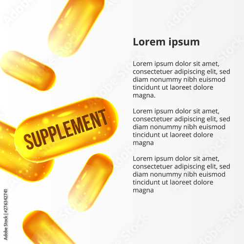 3D illustration drop falling supplement yellow gold pills for healthcare
