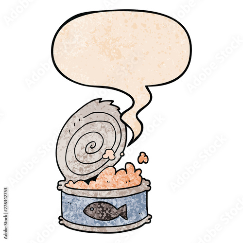 cartoon canned food and speech bubble in retro texture style