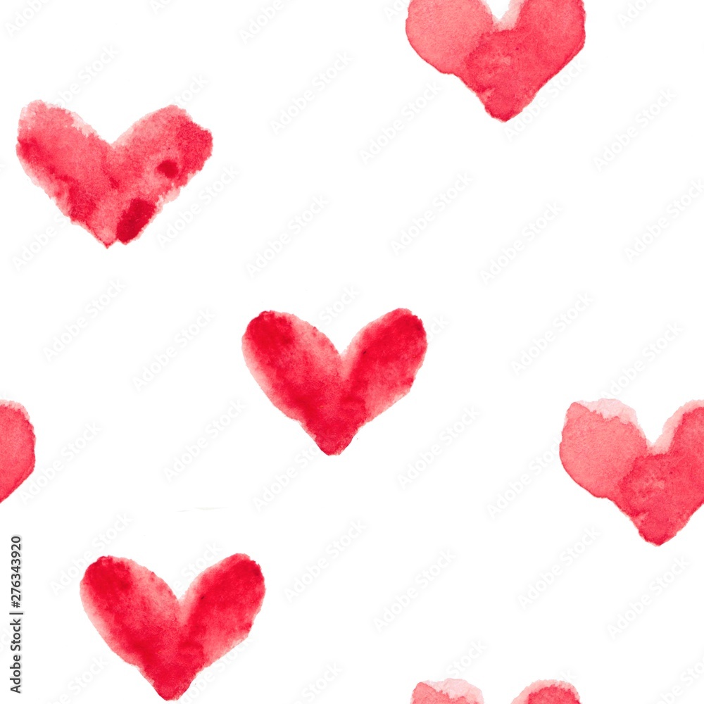 Seamless abstract watercolor pattern with red paint brush, stain, stroke. Hand drawing illustration with heart shape