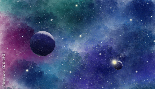Fototapeta Naklejka Na Ścianę i Meble -  Blue watercolor space background. Illustration painting