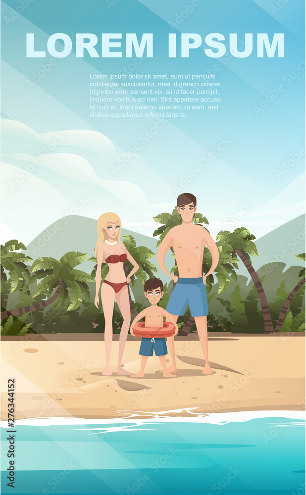 People on the beach tropical landscape of coast beautiful sea shore beach with palm trees and plants on good sunny day flat vector illustration vertical banner design People on the beach tropical landscape of coast beautiful sea shore beach with palm trees and plants on good sunny day flat vector illustration vertical banner design