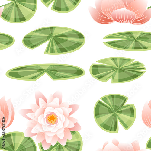 Seamless pattern set of lily lotus parts flat vector illustration on white background