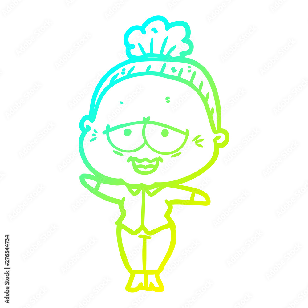 cold gradient line drawing cartoon happy old lady