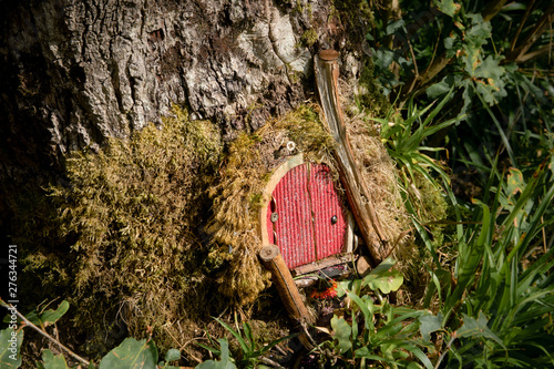 A cute red glitter fairy door built into the foot of a tree trunk in the woods