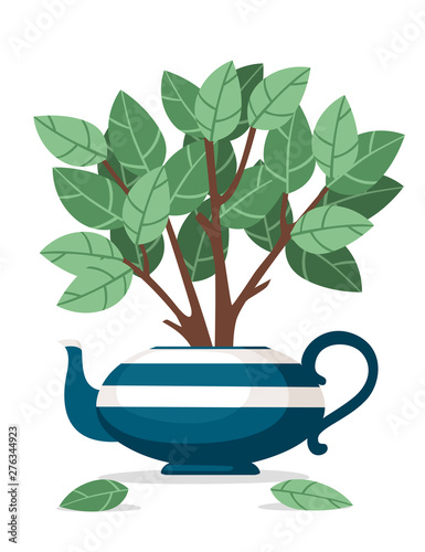 Blue ceramic teapot with tea bush growing out of it flat vector illustration on white background
