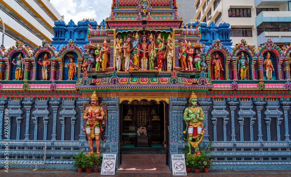 Colourful statues of Hindu religious deities adorning the entrance of sri krishnan temple	