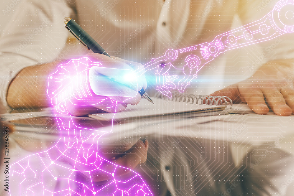 Fototapeta premium Abstract man wearing augmented reality headsets computer science work. AR concept. Double exposure.