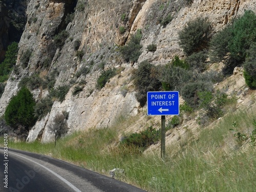 Roadside sign informing drivers of a point of interest along the road at the Bighorn Mountains in Wyoming. photo