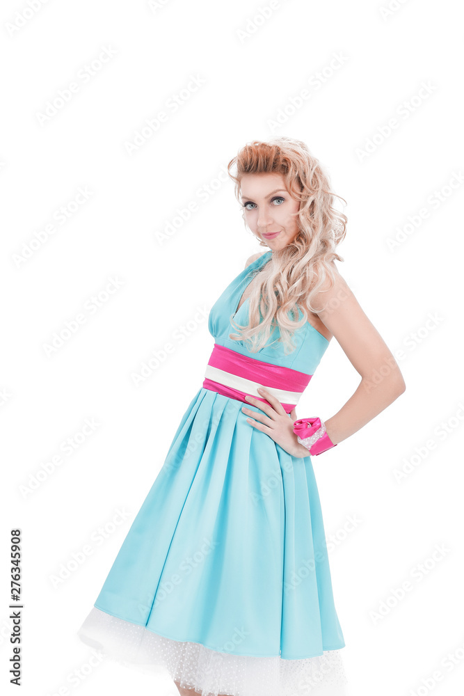 portrait of a young woman in bright blue dress in the style of pin-up